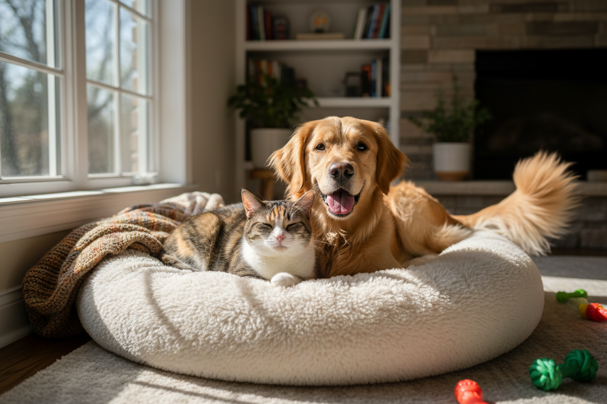 happy cat and happy dog sitting side by side on a pet bed
